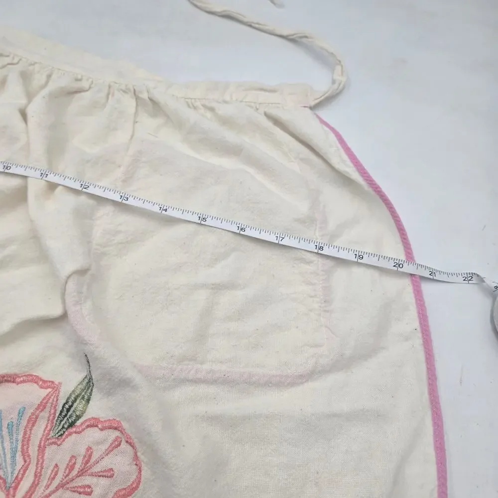 Vintage Handmade Embroidery Floral Pink Cotton Half Apron One Size 1940-1950s